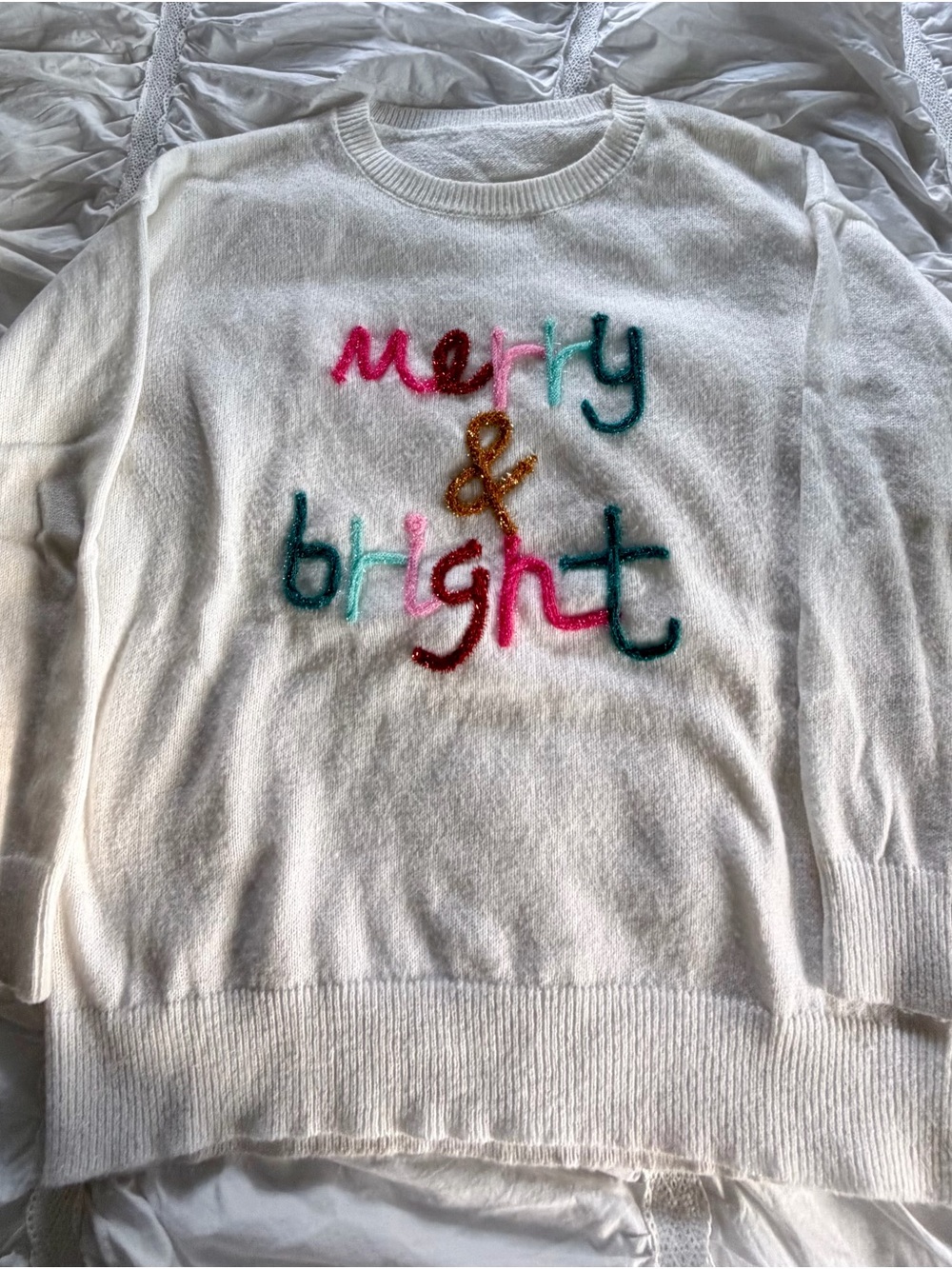 White 'Merry & Bright' Embroidered Crewneck Sweater